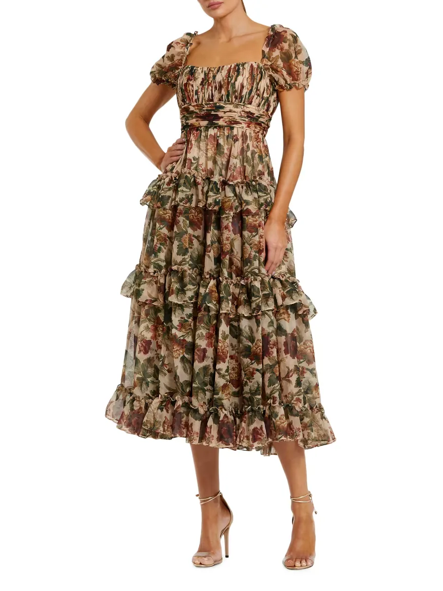 Mac Duggal Floral Ruffled Chiffon Midi-Dress