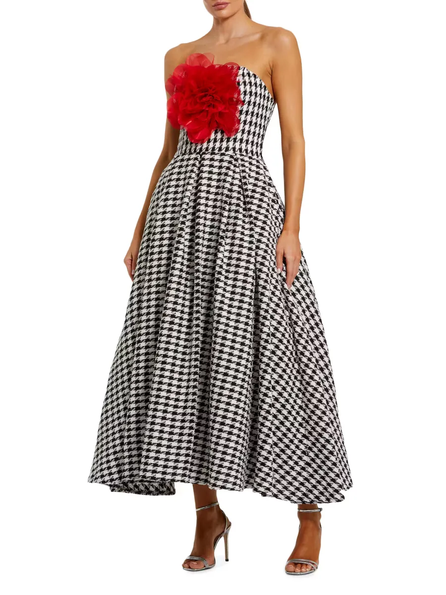 Mac Duggal Strapless Hounstooth Midi-Dress by M.A.C.
