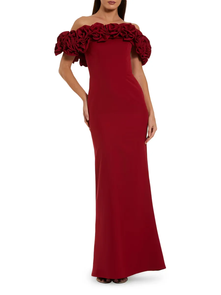 Mac Duggal Off-the-Shoulder Crepe Column Gown by M.A.C.