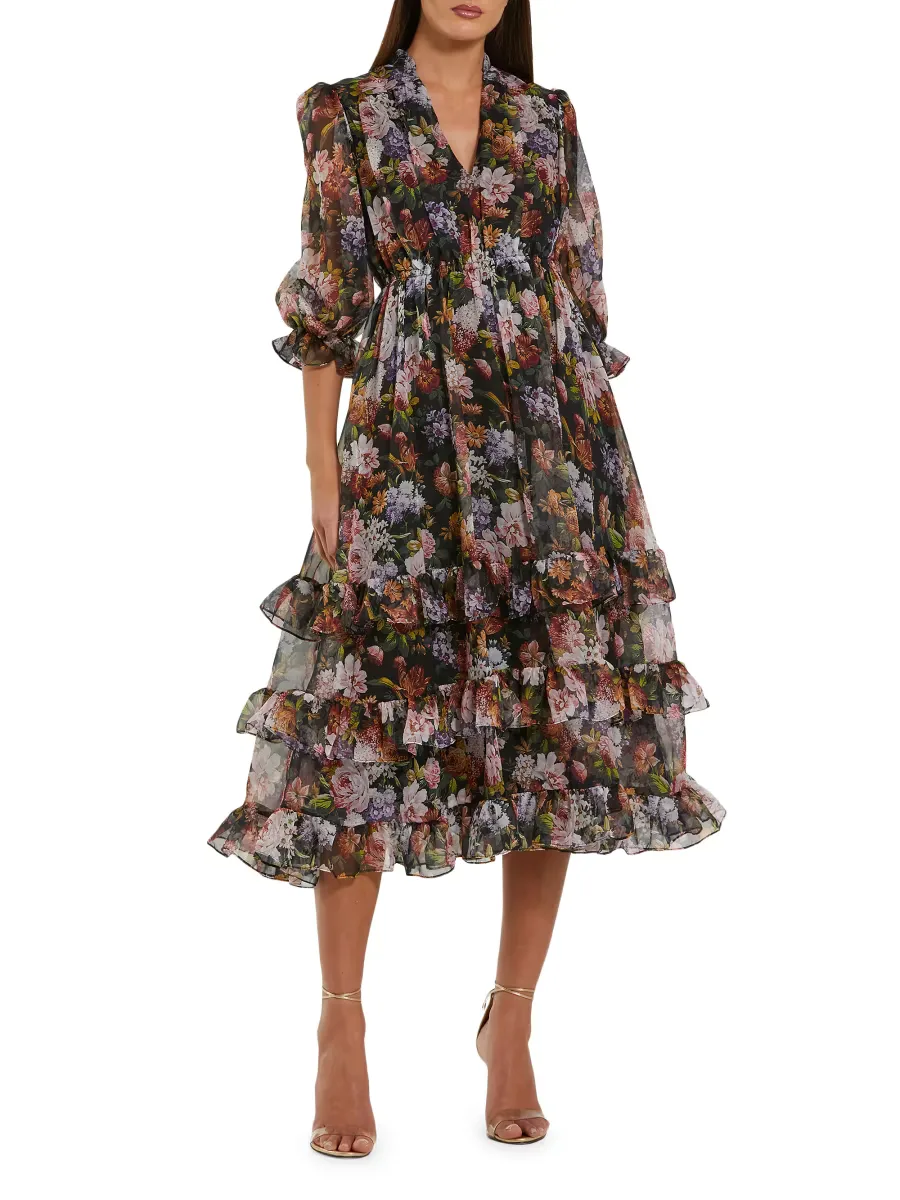 Mac Duggal Ruffled Chiffon A-Line Midi-Dress by M.A.C.