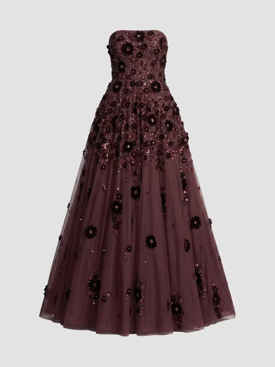 Mac Duggal Floral-Beaded Mesh Strapless Gown by M.A.C.