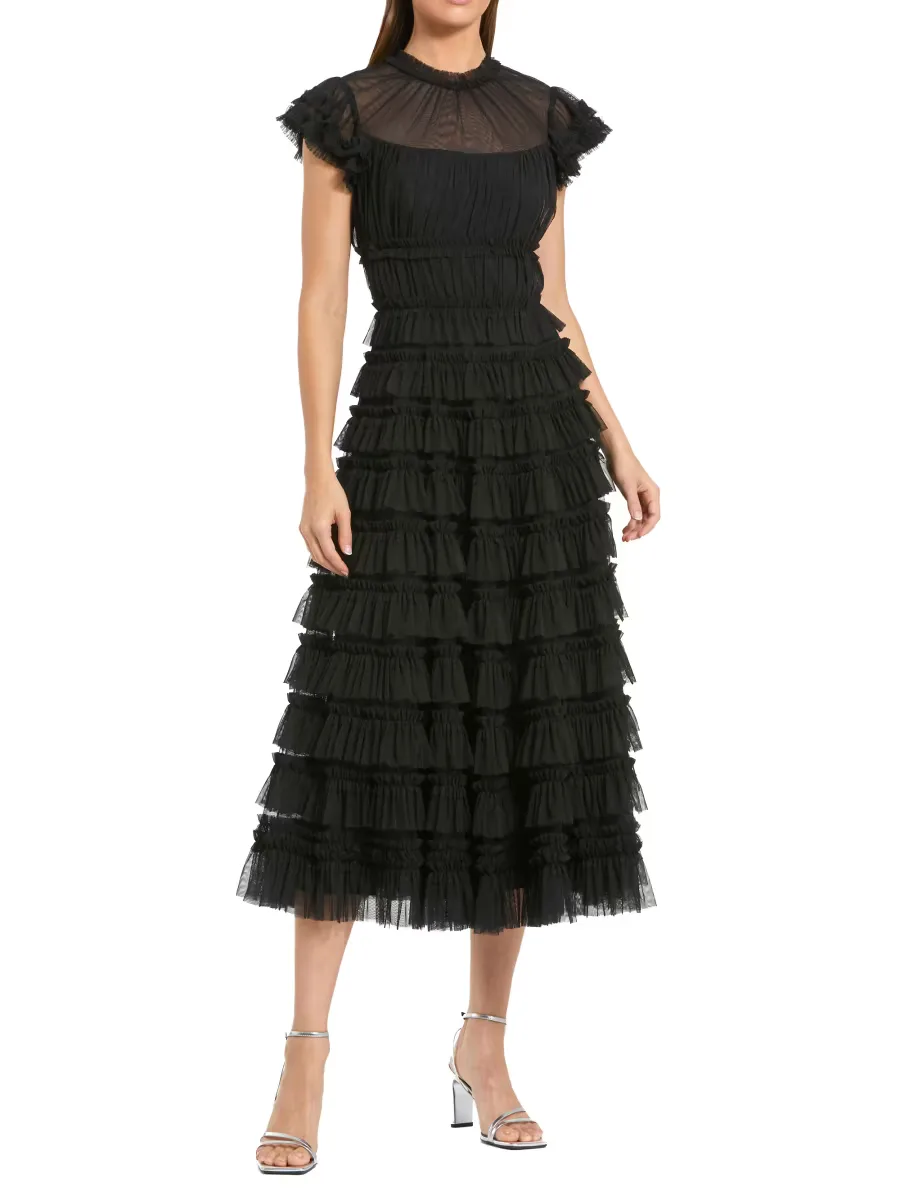 Mac Duggal Ruffled Mesh Midi-Dress