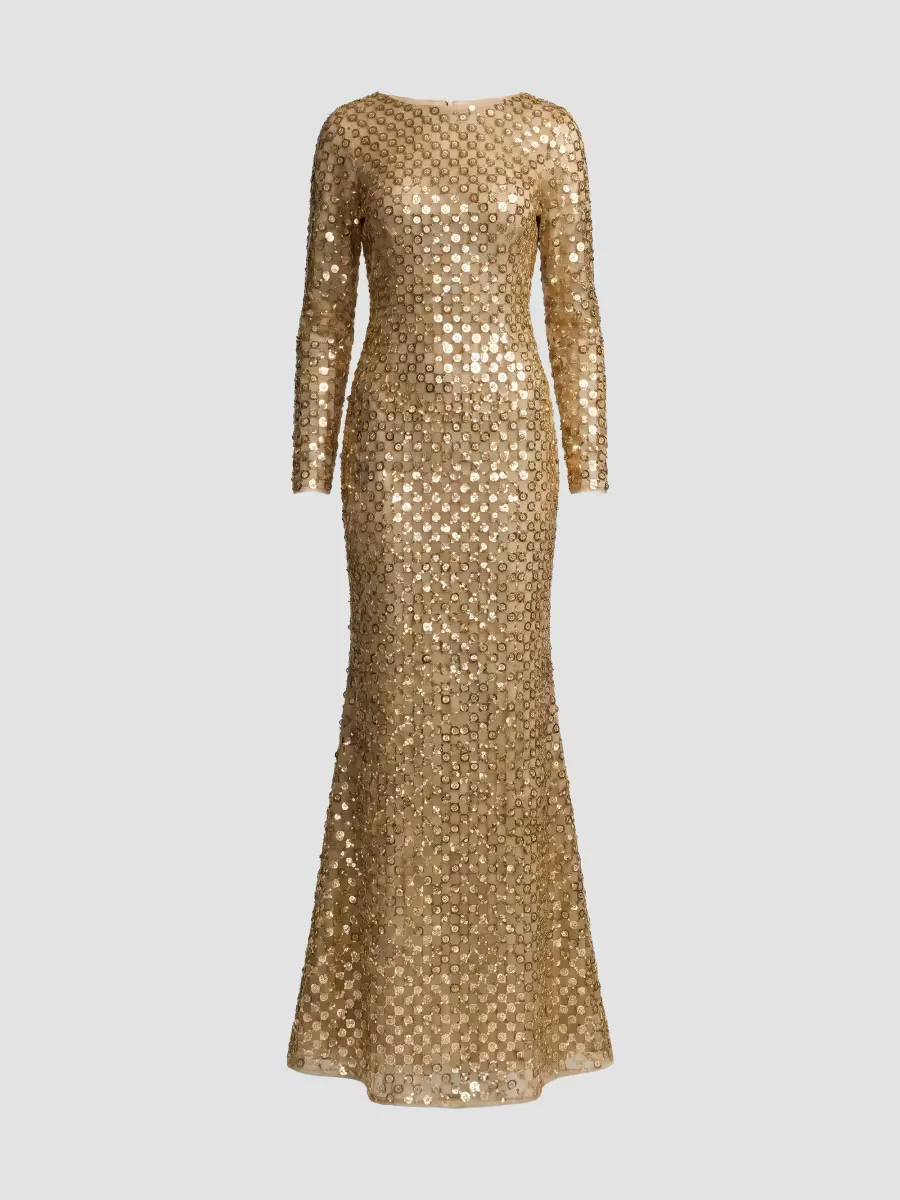 Mac Duggal Checker-Beaded Long-Sleeve Column Gown