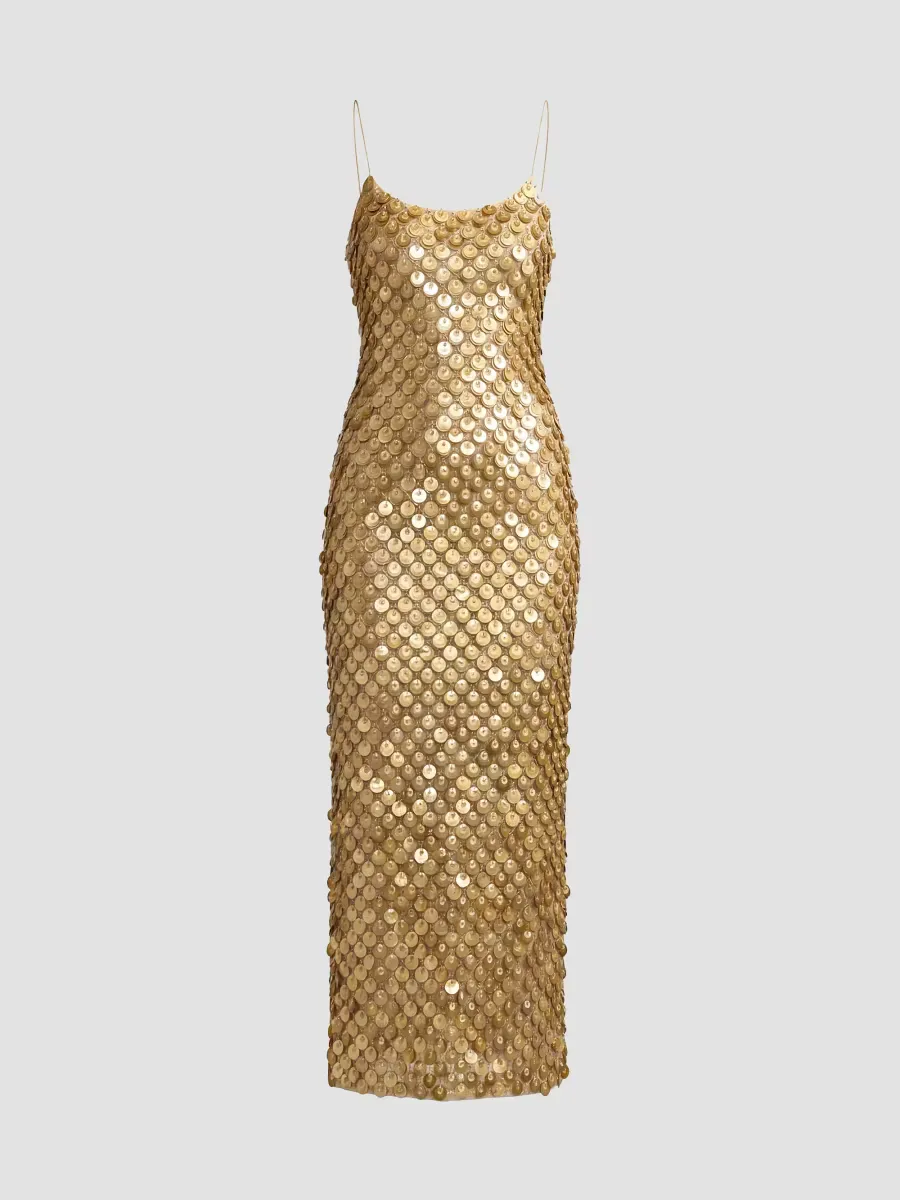 Mac Duggal Paillette Mesh Spaghetti Strap Column Dress by M.A.C.