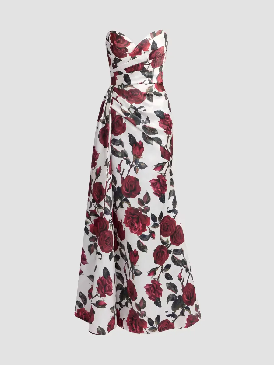 Mac Duggal Floral Satin Strapless Gown by M.A.C.