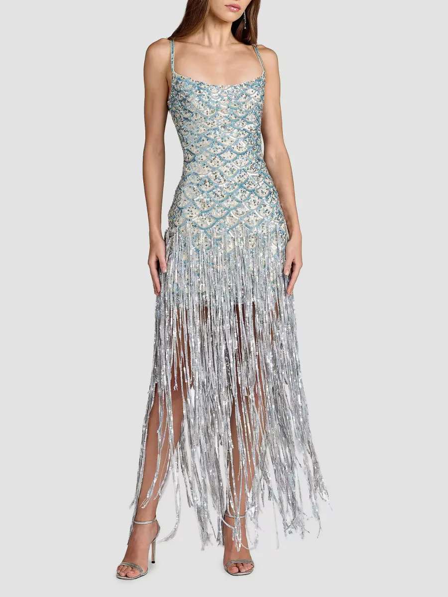 Mac Duggal Sequined Fringe Mesh Gown