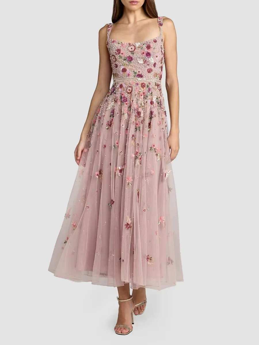 Mac Duggal Floral Embellished Scoopneck Midi-Dress