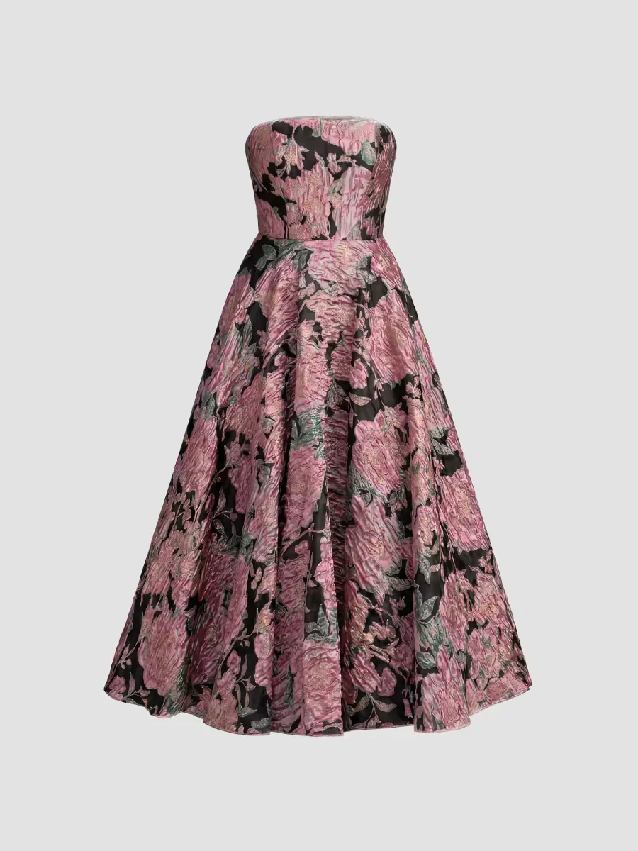 Mac Duggal Strapless Floral Brocade Midi-Dress