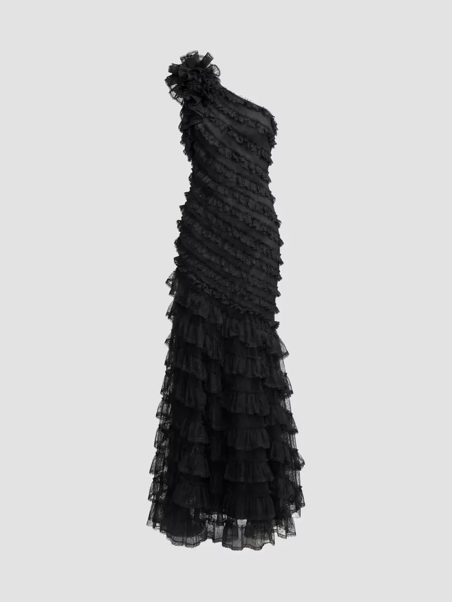 Mac Duggal One-Shoulder Mesh-Lace Trumpet Gown by M.A.C.