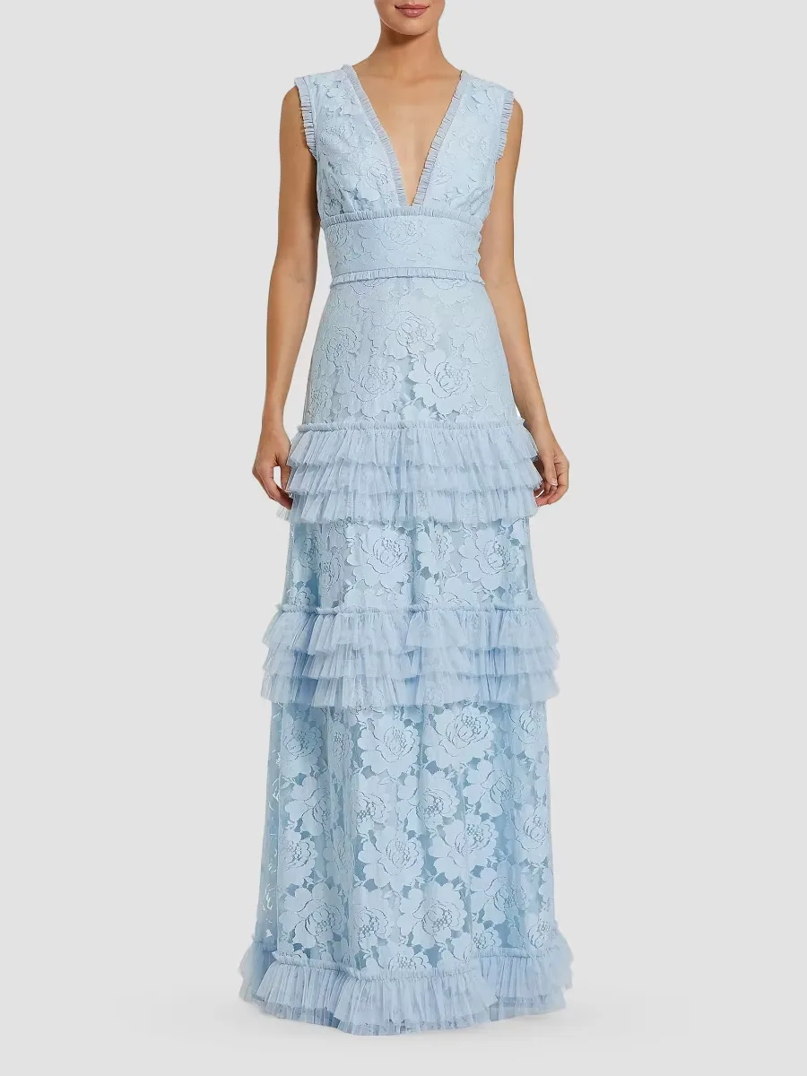 Mac Duggal Floral Lace Tiered Gown by M.A.C.
