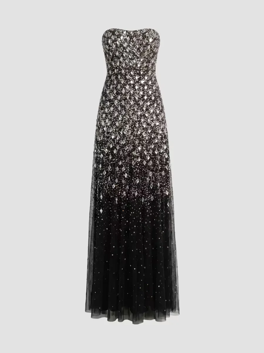 Mac Duggal Beaded Mesh Strapless A-Line Gown