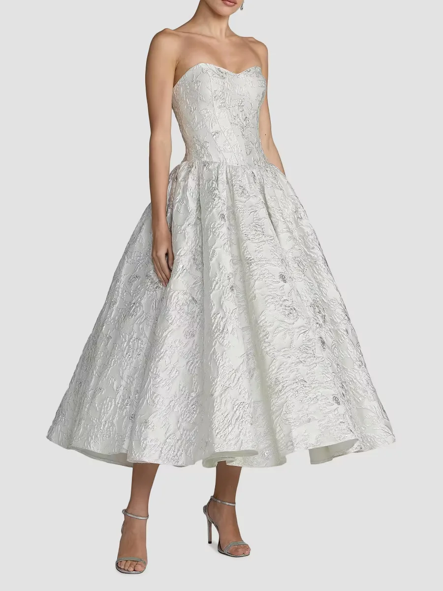 Mac Duggal Strapless Floral Brocade Midi-Dress