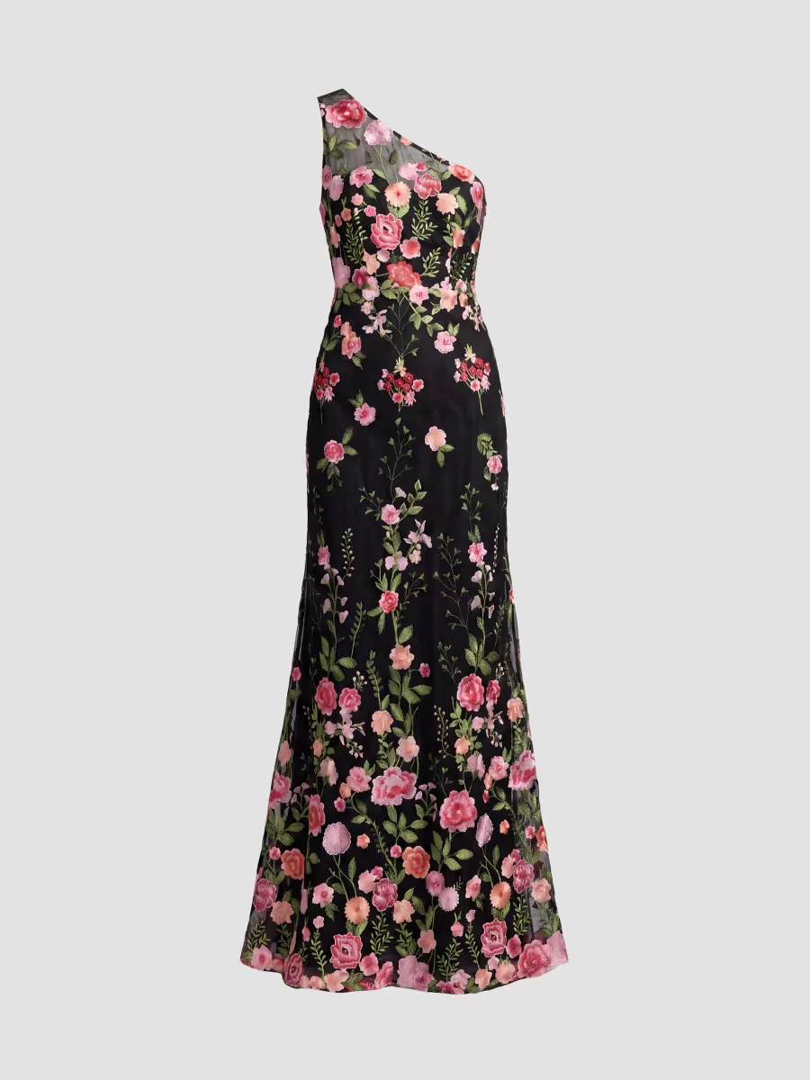 Mac Duggal One-Shoulder Floral Embroidered Gown