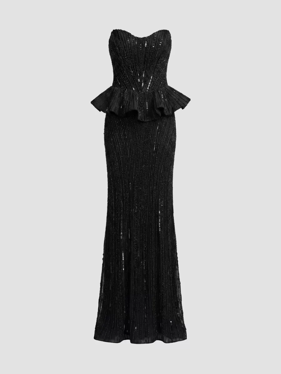 Mac Duggal Beaded Mesh Strapless Peplum Gown by M.A.C.