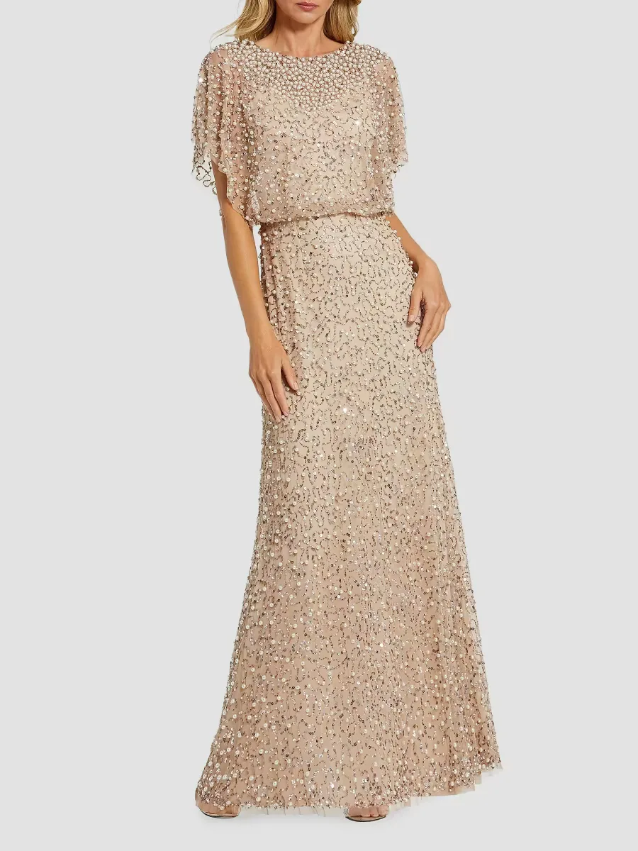 Mac Duggal Embellished Tulle Flutter-Sleeve Shawl Gown by M.A.C.