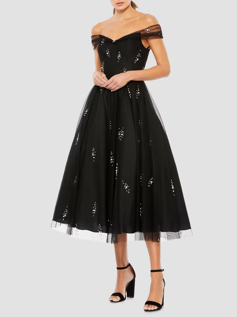 Mac Duggal Imitation Pearl-Embellished Off-The-Shoulder Cocktail Dress
