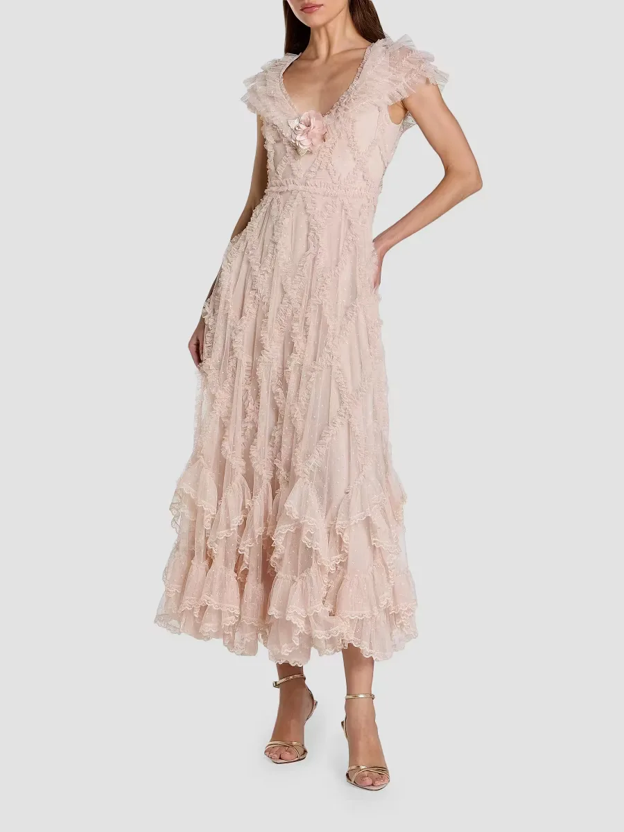 Mac Duggal Ruffled Mesh Cap-Sleeve Gown by M.A.C.
