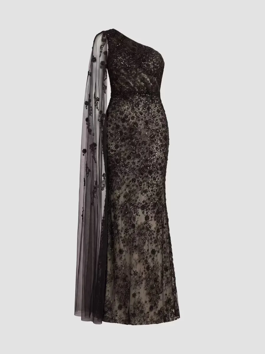 Mac Duggal Embellished Lace One-Shoulder Gown by M.A.C.