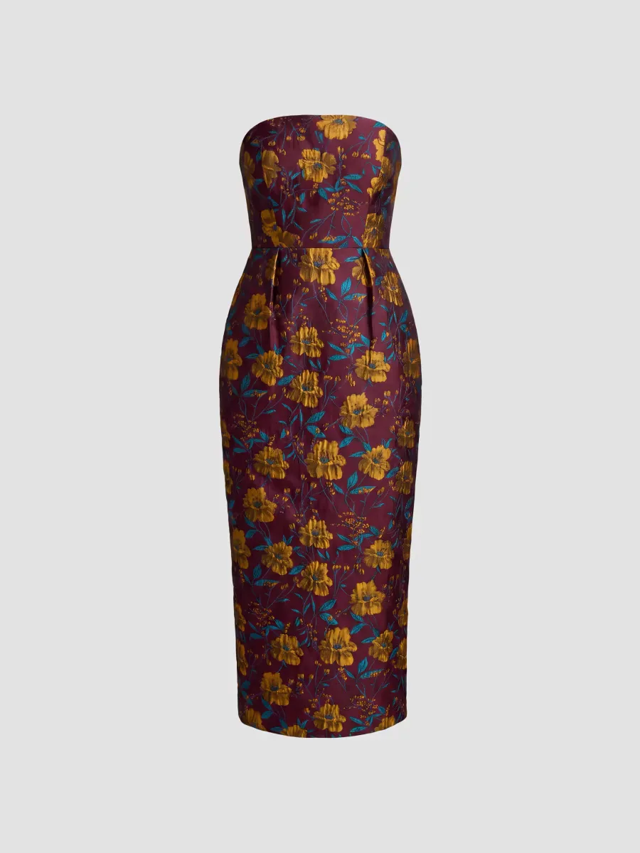 Mac Duggal Strapless Floral Brocade Midi-Dress