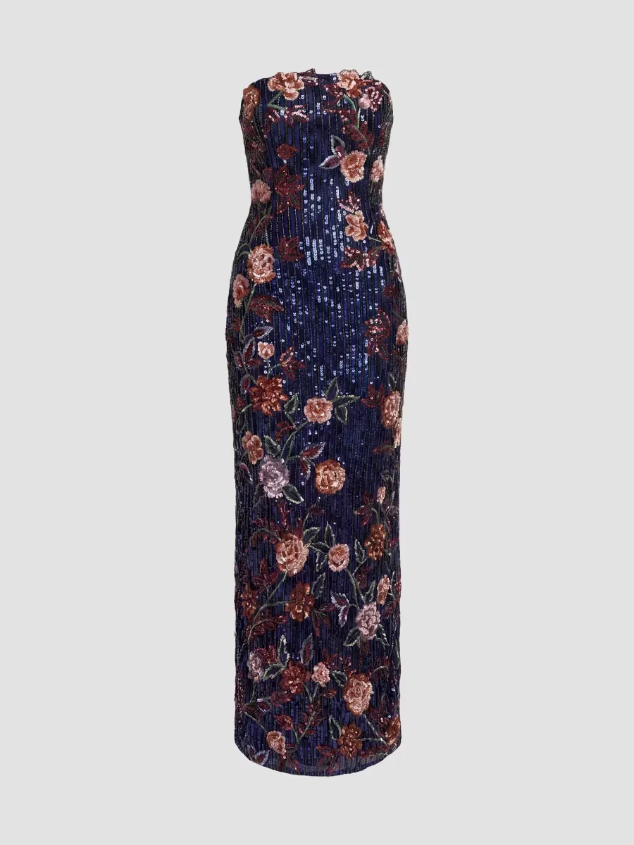 Mac Duggal Floral Sequin Strapless Column Dress
