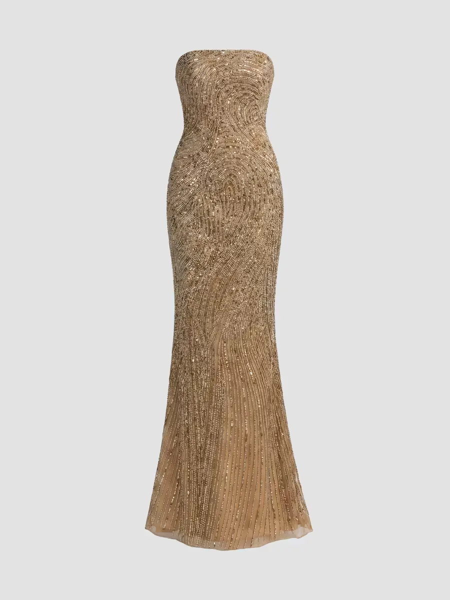 Mac Duggal Embellished Mesh Strapless Column Gown