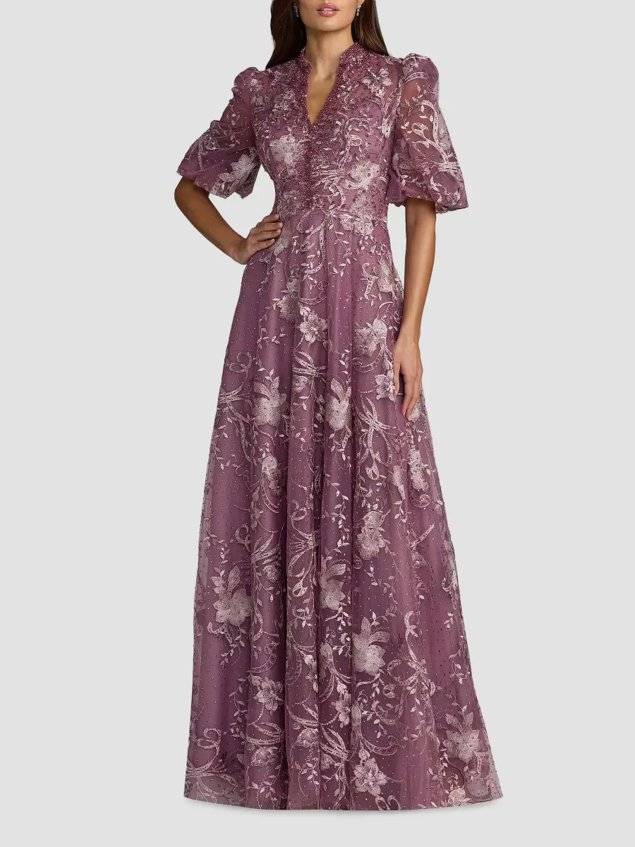 Mac Duggal Floral-Embroidered Puff A-Line Gown by M.A.C.