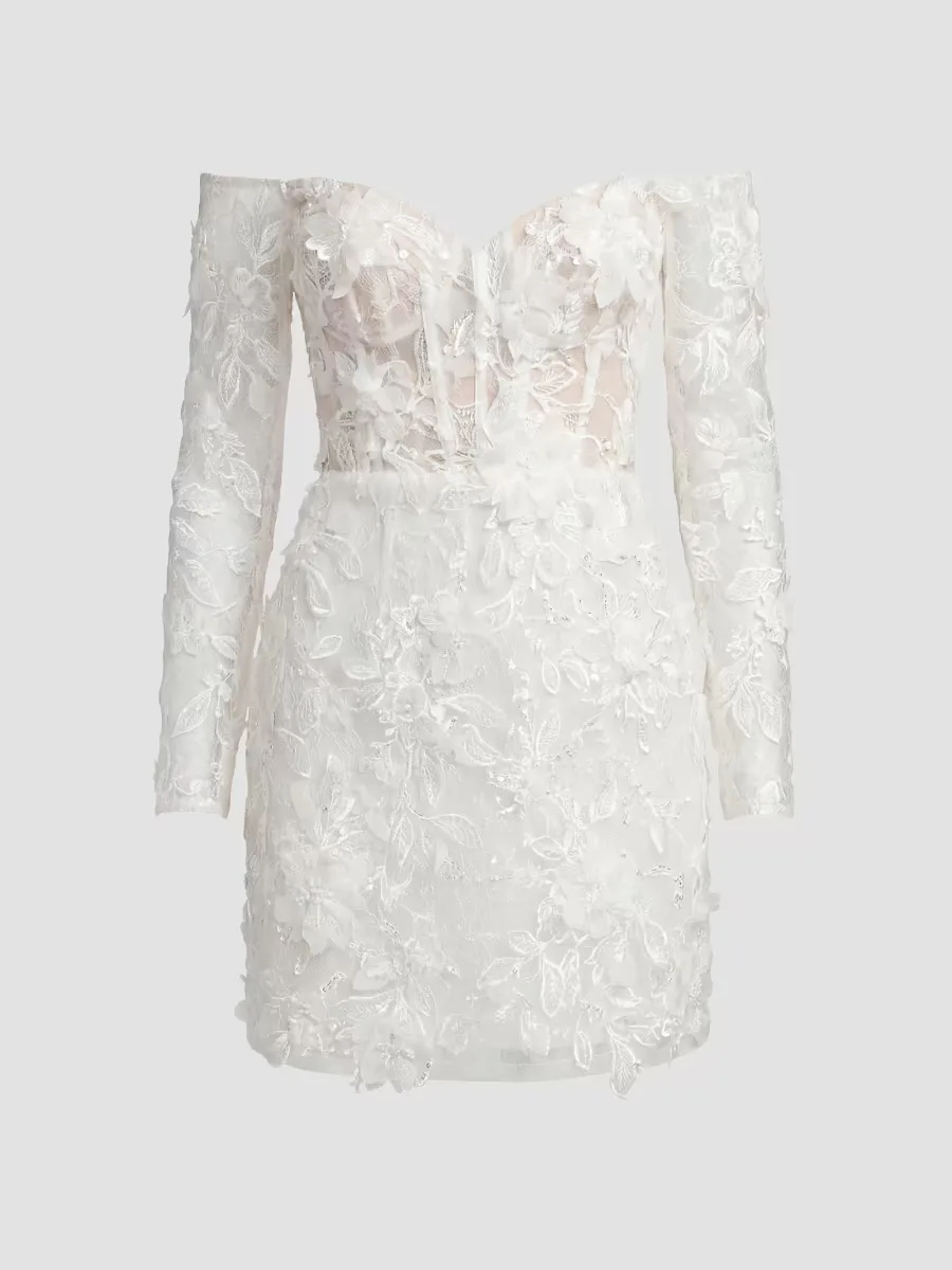 Mac Duggal Lace Off-the-Shoulder Long-Sleeve Mini Dress by M.A.C.