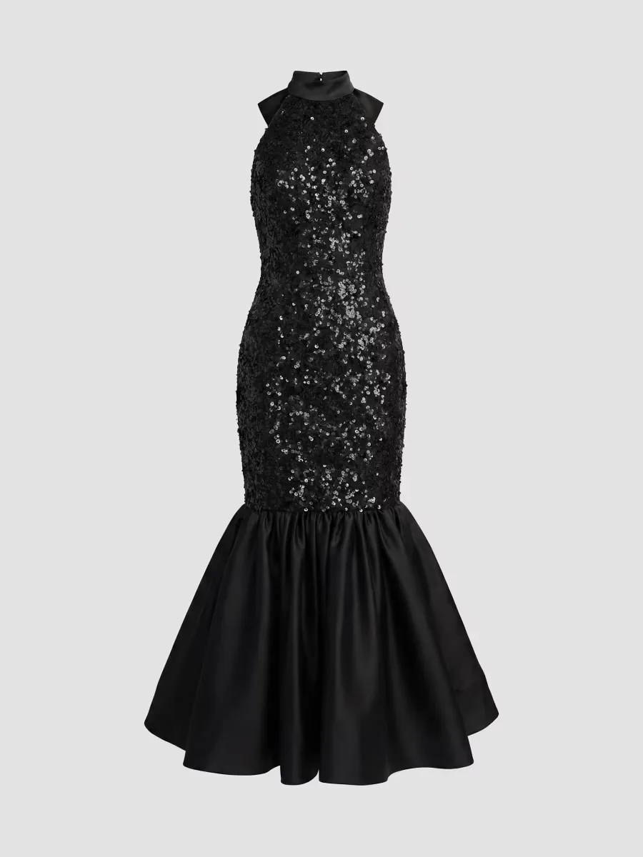 Mac Duggal Sequined Lace-Satin Halter Mermaid Midi Dress by M.A.C.