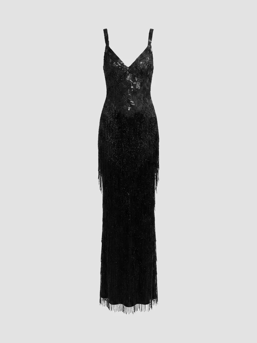 Mac Duggal Beaded Fringe Column Gown by M.A.C.