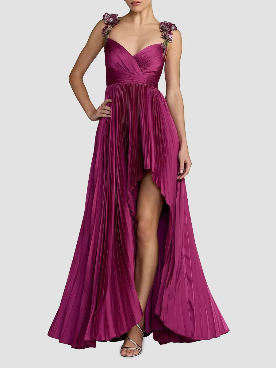 Mac Duggal Flower-Strap Pleated Charmeuse High-Low Gown by M.A.C.