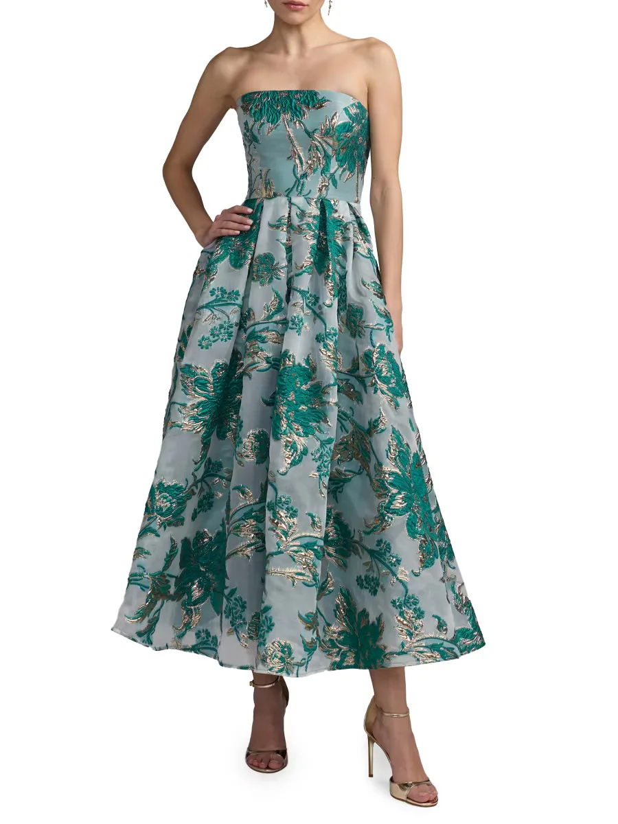 Mac Duggal Floral Brocade Fit & Flare Strapless Midi-Dress