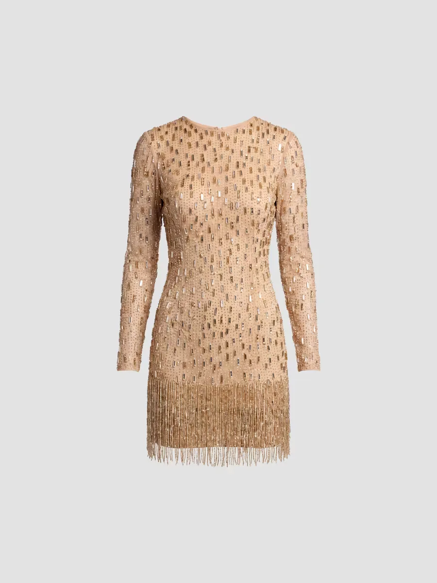 Mac Duggal Beaded Mesh Fringe-Hem Mini Dress by M.A.C.