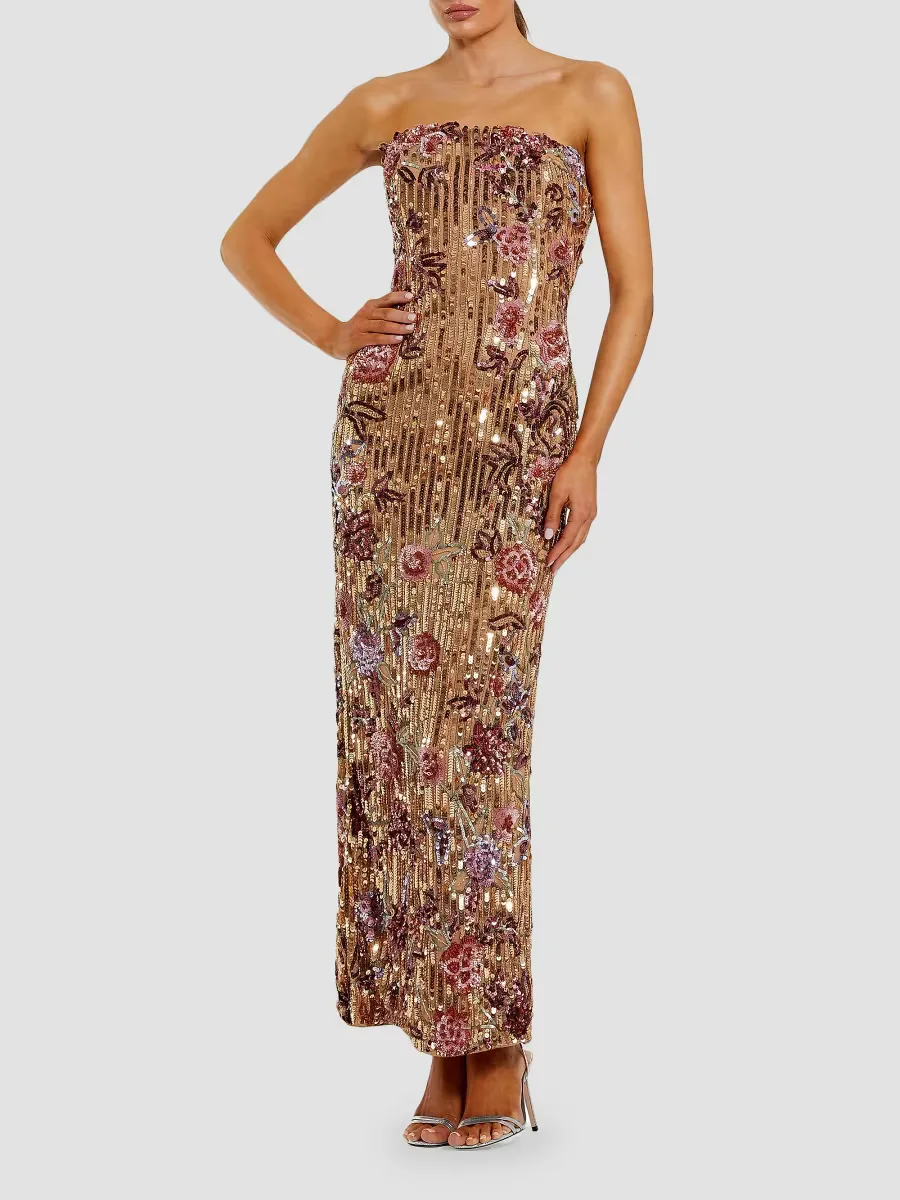 Mac Duggal Sequined Floral Strapless Cocktail Maxi Dress by M.A.C.