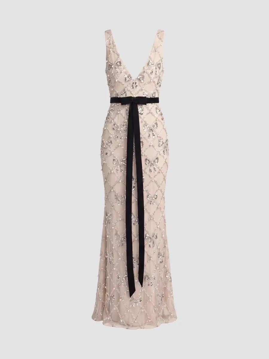 Mac Duggal Embellished Grid Mesh Bow Gown by M.A.C.