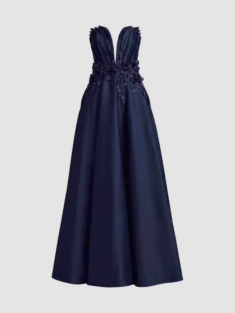 Mac Duggal Beaded Floral-Appliqud Charmeuse Strapless Gown by M.A.C.