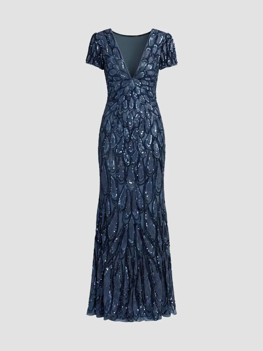 Mac Duggal Sequin & Bead-Embellished Jersey Gown - Denim by M.A.C.