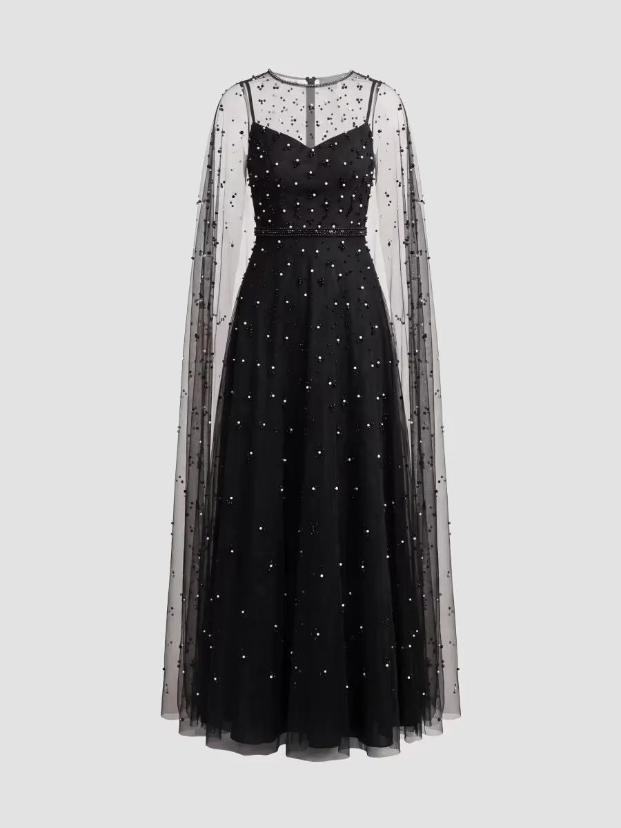 Mac Duggal Pearl-Embellished Tulle Cape Gown by M.A.C.