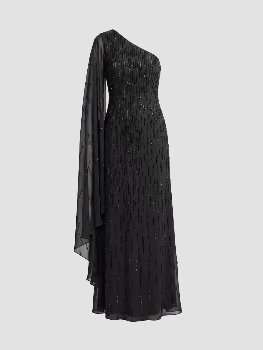 Mac Duggal Beaded Mesh One-Sleeve Column Gown by M.A.C.