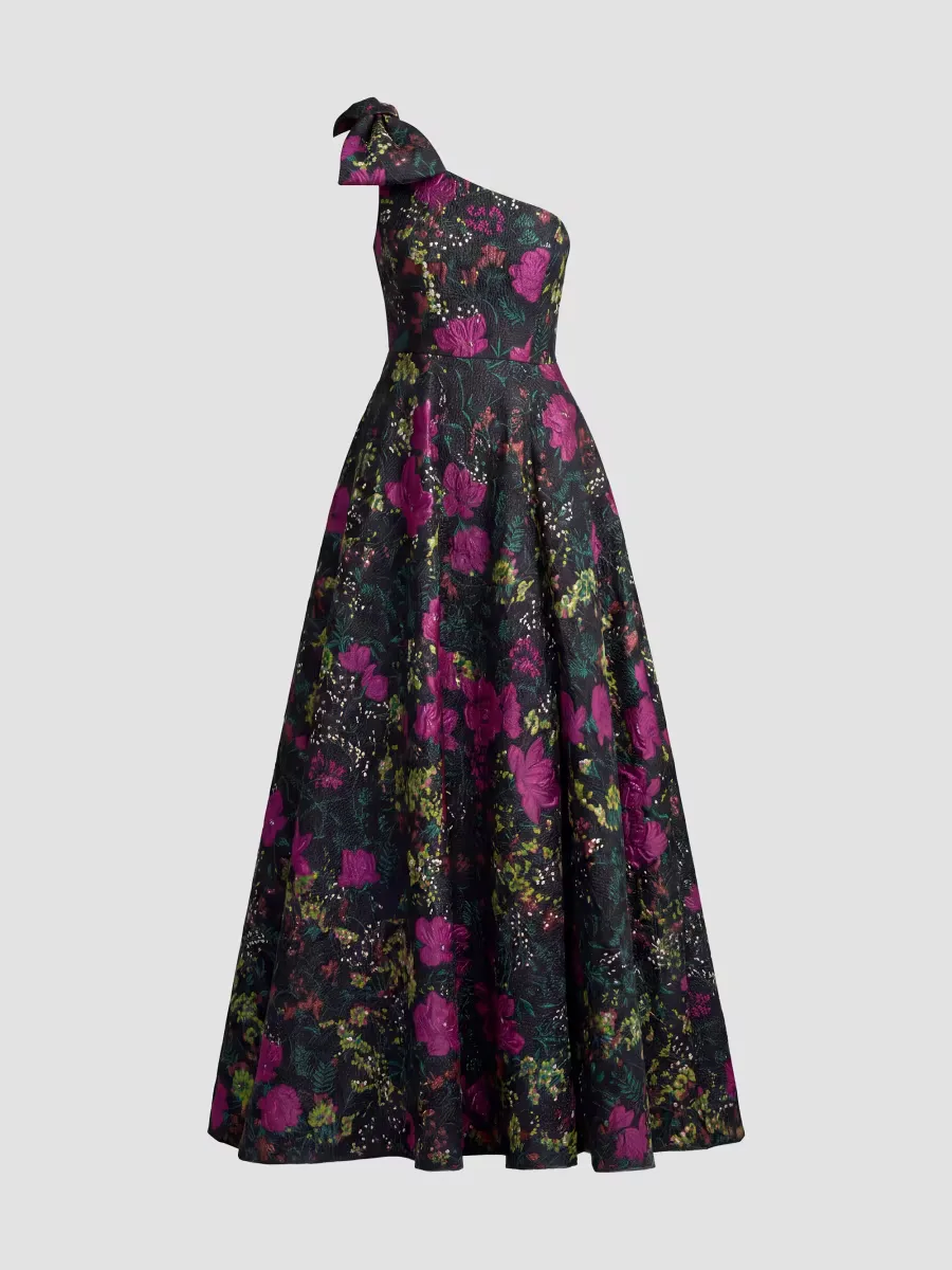 Mac Duggal Floral Brocade Bow One-Shoulder Gown by M.A.C.