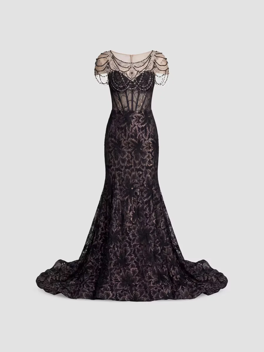 Mac Duggal Embellished Lace Bustier Trumpet Gown by M.A.C.