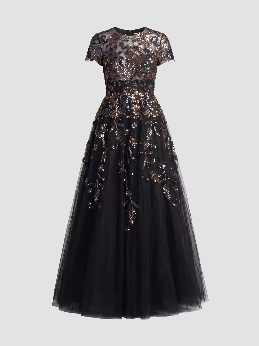 Mac Duggal Floral Mesh Short-Sleeve Gown by M.A.C.