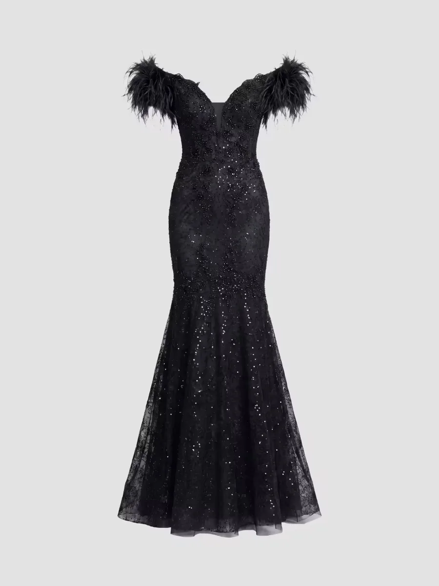 Mac Duggal Sequin-Embellished Feather-Sleeve Trumpet Gown by M.A.C.