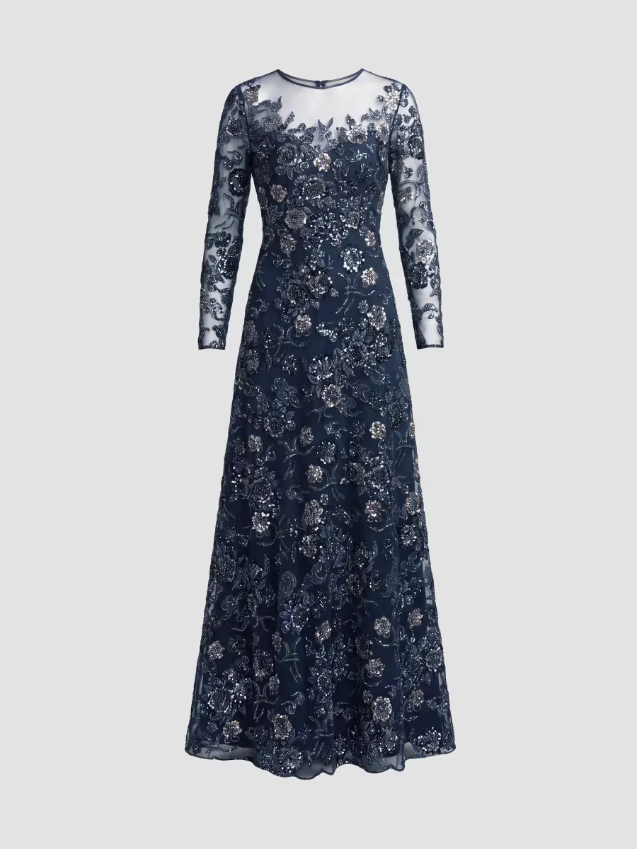 Mac Duggal Floral Embroidered Long-Sleeve Gown by M.A.C.