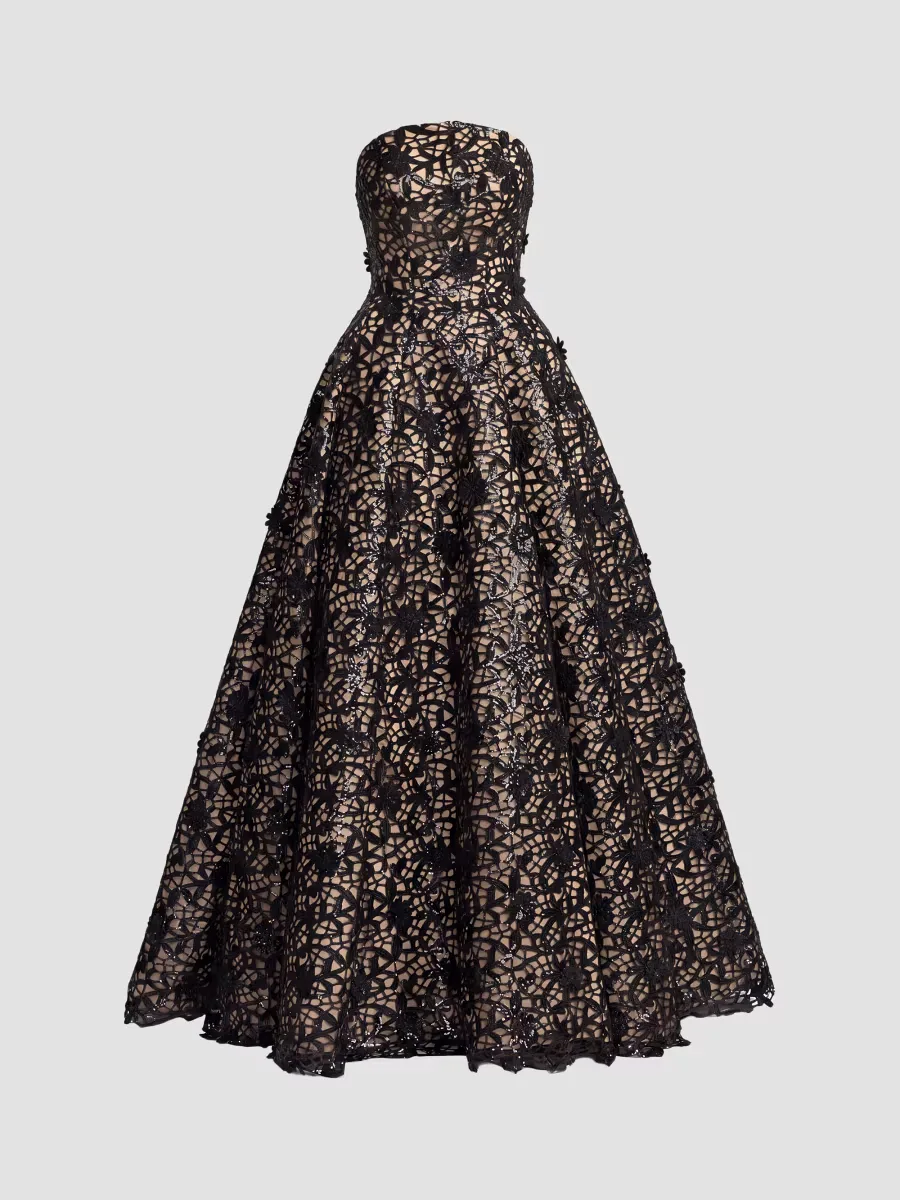 Mac Duggal Sequined Floral Overlay Strapless Ballgown by M.A.C.