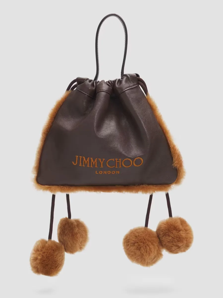 Shearling Pom-Pom Leather Top Handle Bag by Jimmy Choo