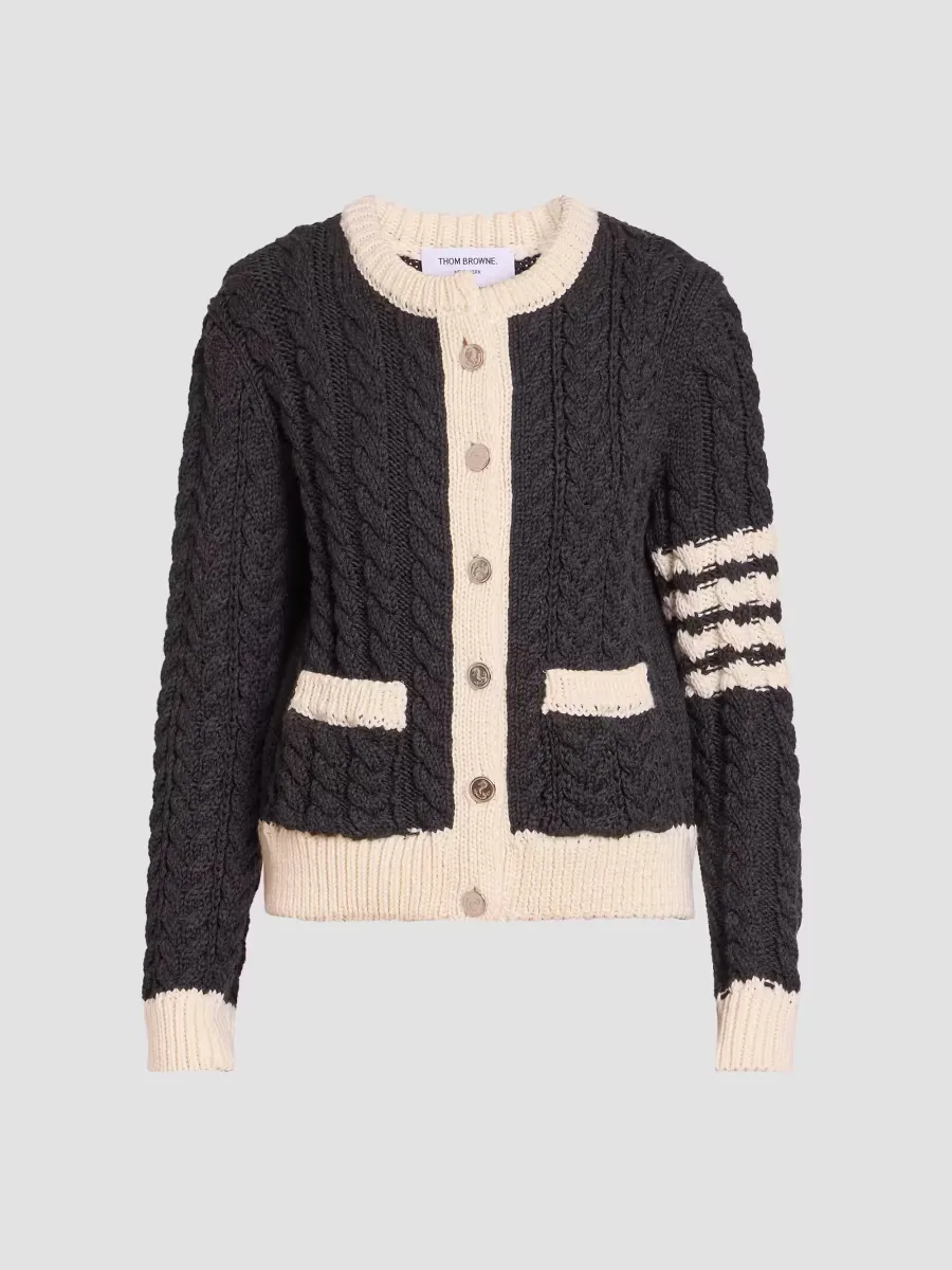 Cable-Knit Virgin Wool Crewneck Cardigan by Thom Browne