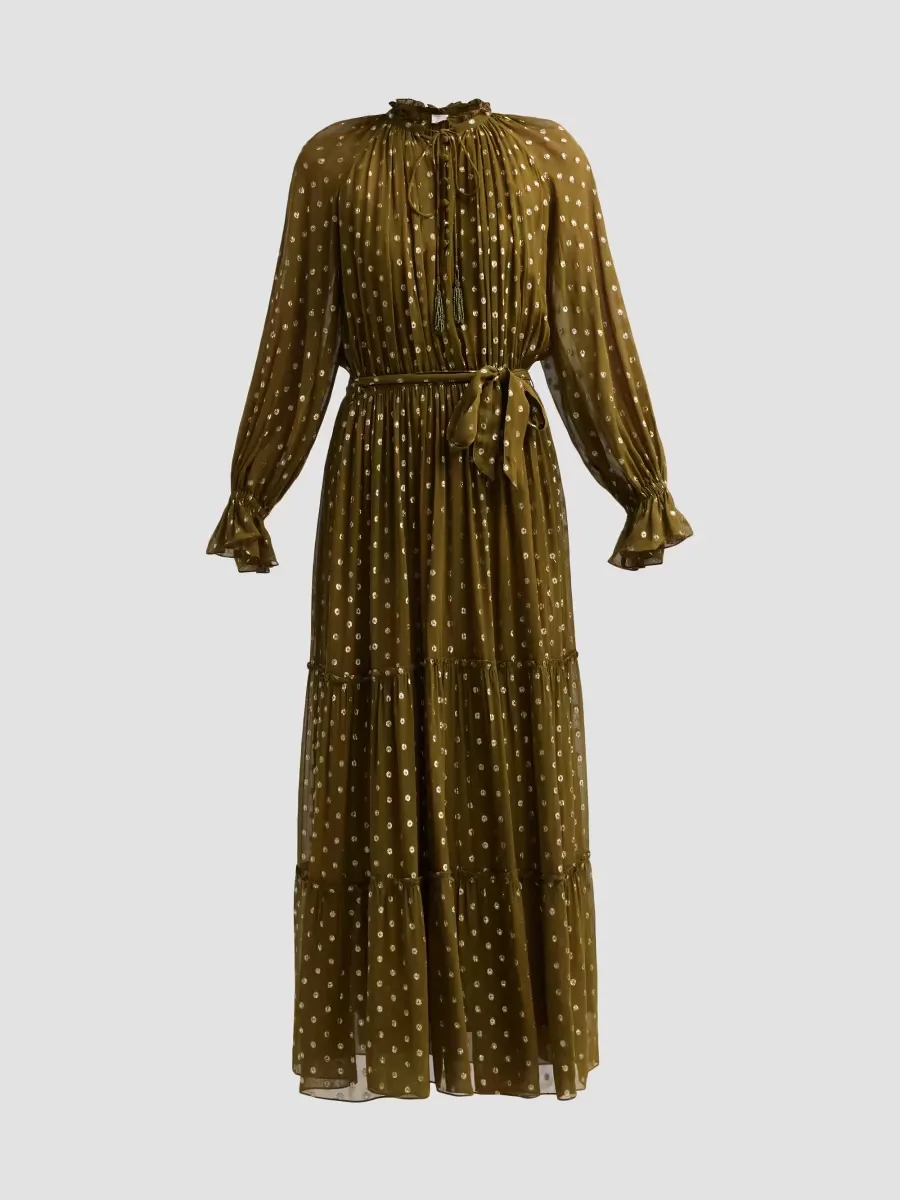 Metallic Polka Dot Tiered Maxi Dress by Hemant & Nandita
