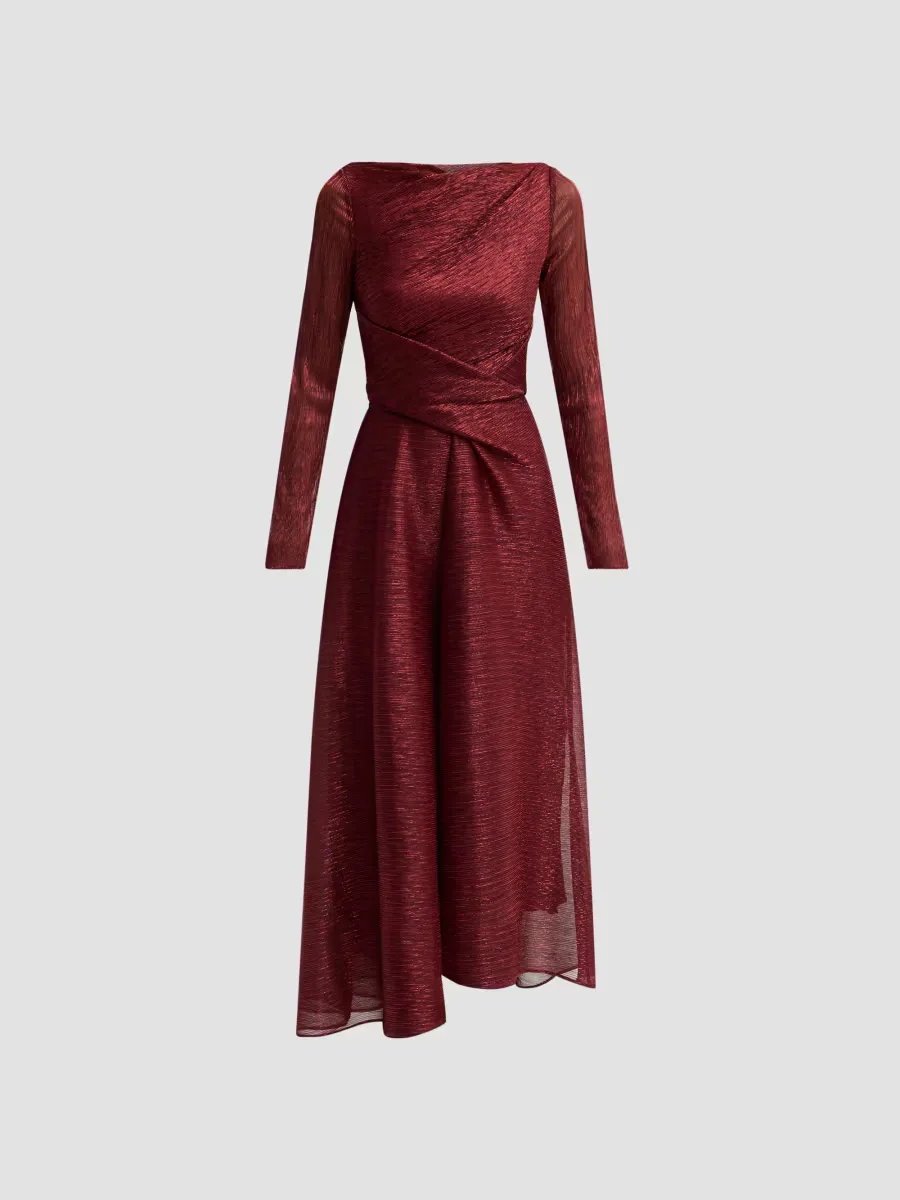 Pleated Metallic Voile Tea-Length Dress by Talbot Runhof