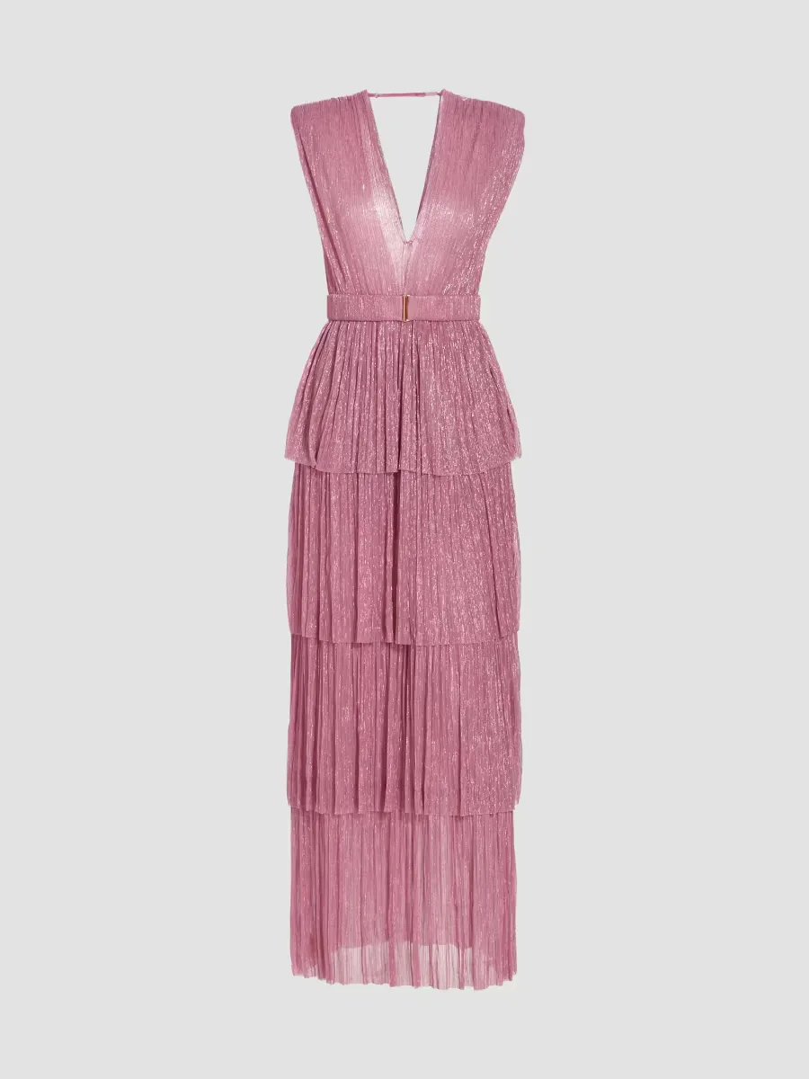 Skylar Tiered Belted Metallic Gown by Sabina Musyev