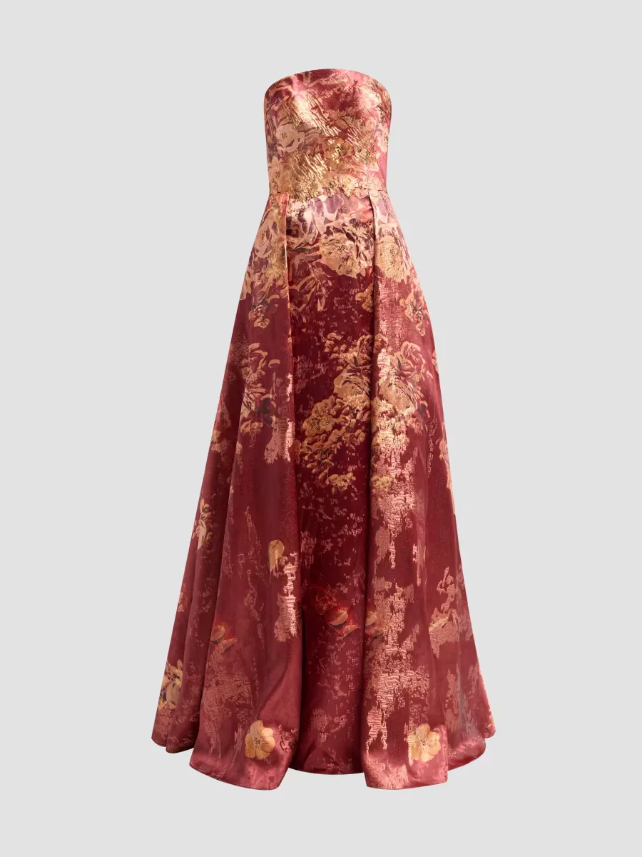 Strapless Printed Column Walk-Thru Gown